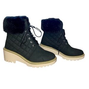 Nicole Miller New York Black Quilted Faux Fur Lace Up Latte Boots-Size 6 1/2